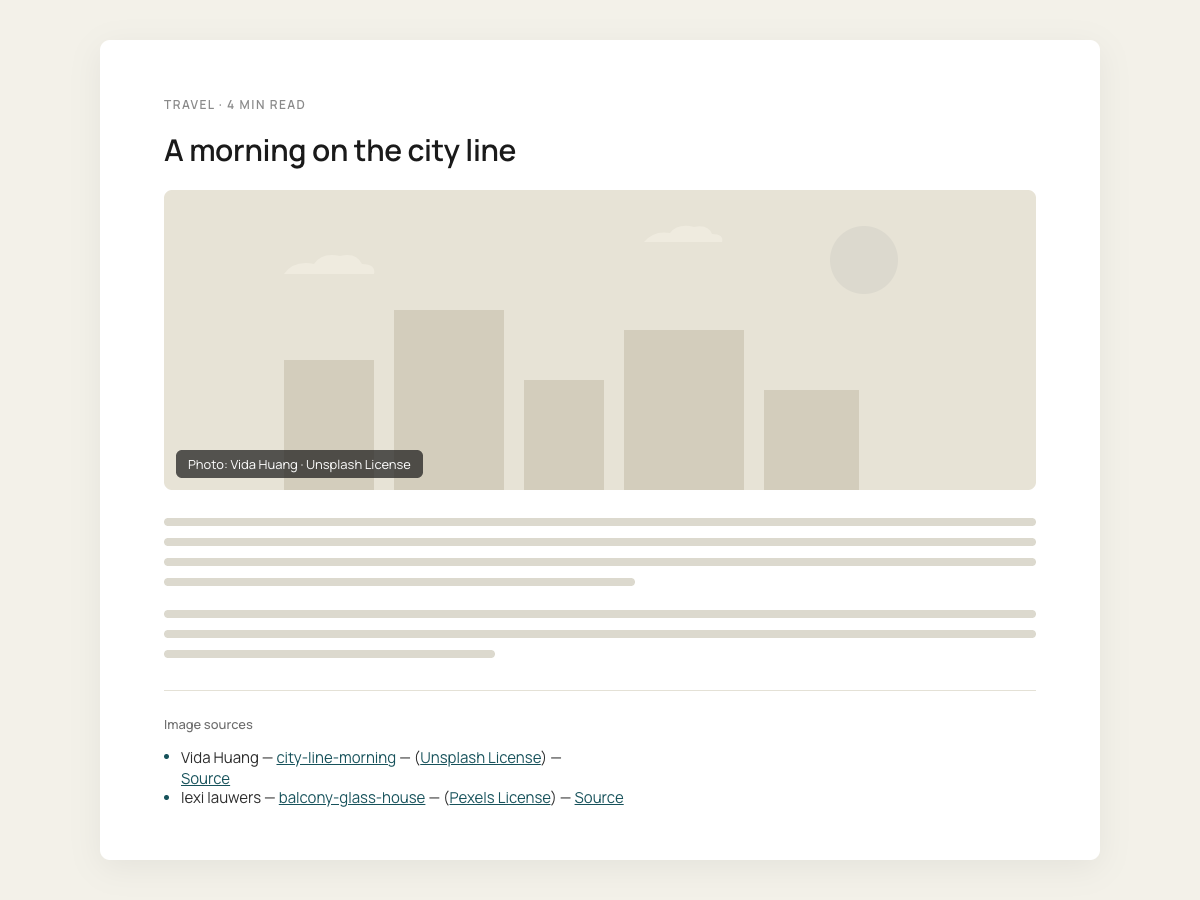 Schematic WordPress article with a photo carrying a small credit overlay in its bottom left corner, and an image sources list with author, licence and source below the text