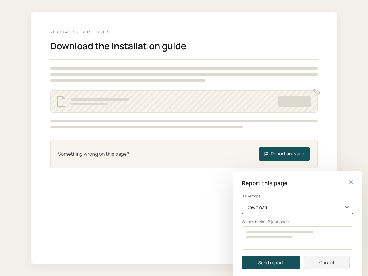 Schematic WordPress article about a download, with the download row struck through as unavailable, a Something wrong on this page callout with a Report an issue button, and the open report dialog showing the issue type Download
