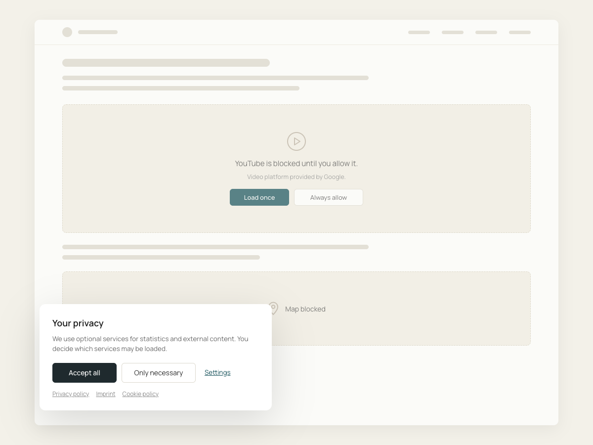Melon Consent – privacy settings with category and service level consent Schematic web page on which a YouTube embed and a map have not loaded, each shown as a dashed placeholder with Load once and Always allow buttons, while a consent banner headed Your privacy sits in front of the page