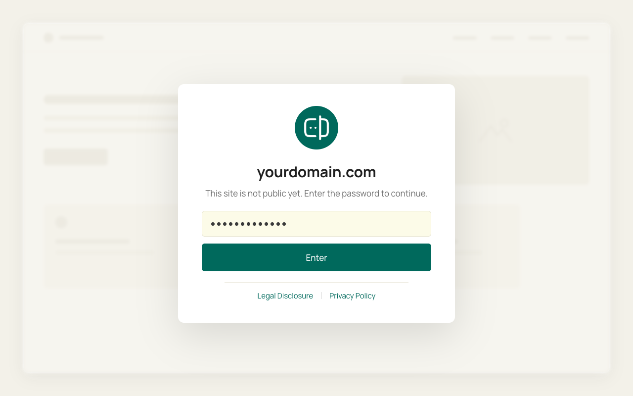 Simple Password Protect – branded password screen in front of a WordPress site Schematic WordPress site greyed out in the background with a white password card in front of it, showing a logo, the site name, a masked password field, a dark teal Enter button and links to Legal Disclosure and Privacy Policy