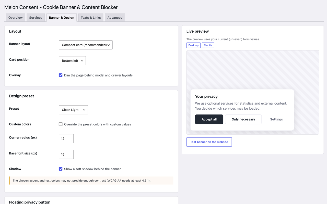 Melon Consent – banner layout, design presets and live preview Banner and design tab of Melon Consent with the layout and position selectors, design preset, corner radius and font size, next to a live preview of the banner and a contrast warning