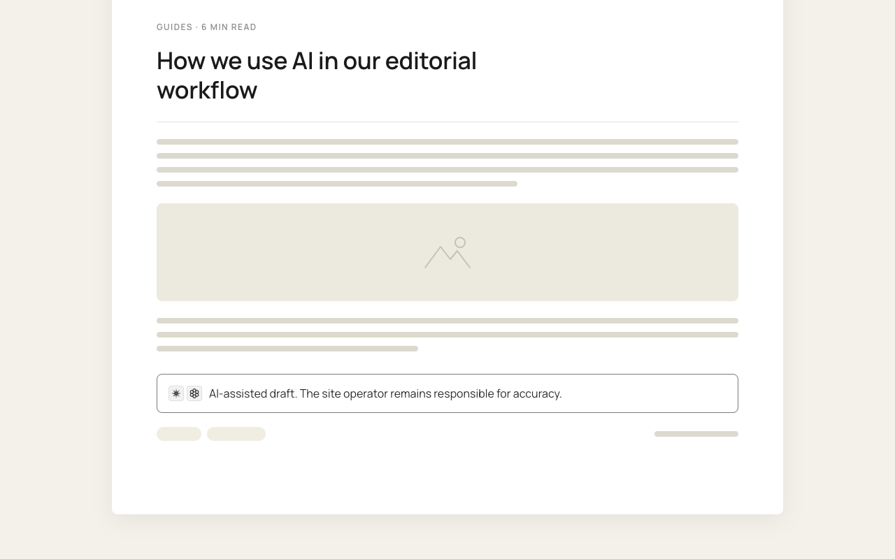 Schematic blog article with an AI disclosure notice below the text, showing two AI tool icons and a sentence stating that the site operator remains responsible for accuracy