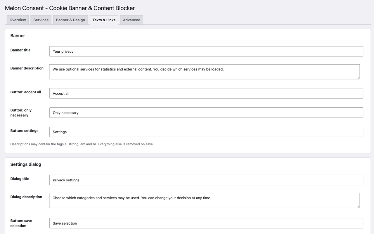 Melon Consent – all banner and dialog texts as editable fields Texts and links tab of Melon Consent with editable fields for the banner title, description and all three buttons, followed by the title, description and save button of the settings dialog