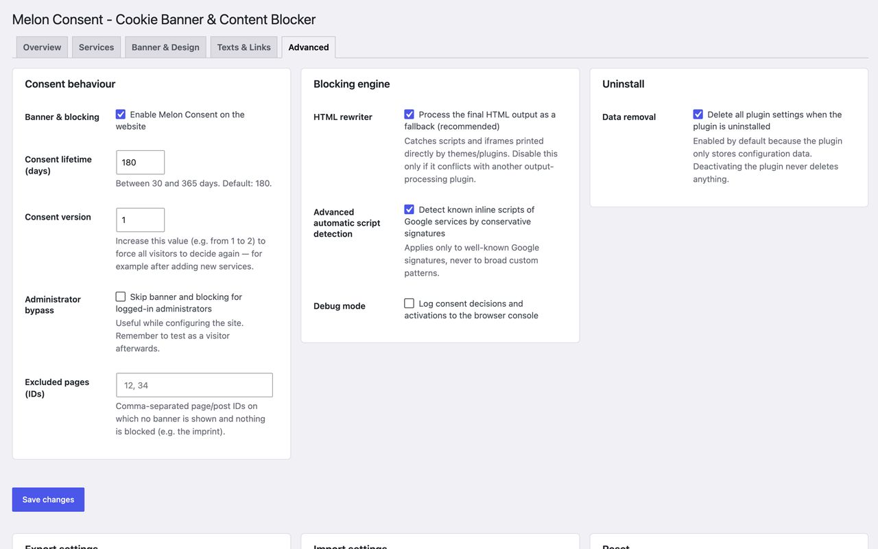 Melon Consent – consent behaviour and blocking engine options Advanced tab of Melon Consent with consent lifetime and version, administrator bypass and excluded pages, next to the blocking engine options for the HTML rewriter and inline script detection