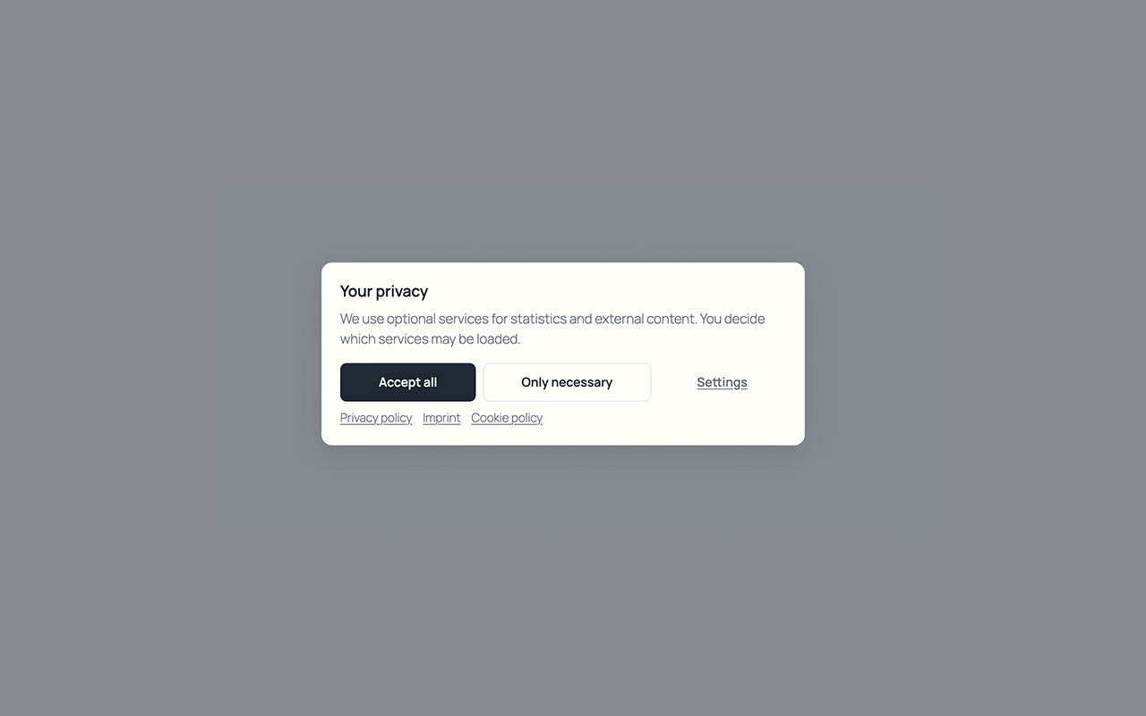 Melon Consent – consent banner in the compact card layout Melon Consent banner as a compact card on a dimmed page, headed Your privacy, with Accept all and Only necessary buttons, a settings link and links to the privacy policy, imprint and cookie policy