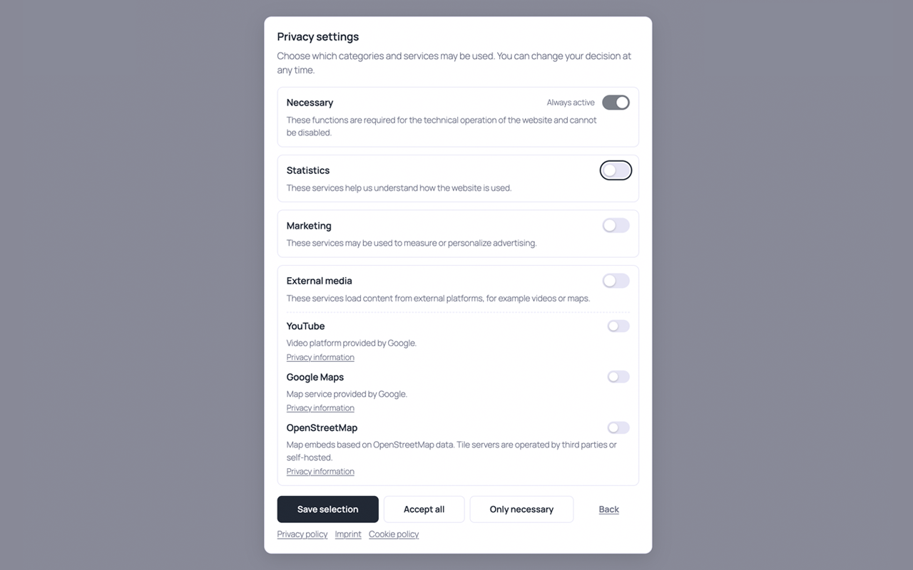Melon Consent – privacy settings with category and service level consent Melon Consent privacy settings dialog with toggles for the Necessary, Statistics, Marketing and External media categories and individual switches for YouTube, Google Maps and OpenStreetMap